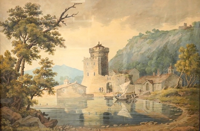 J H Fidlor (Late 18th / early 19th. C), Continental lakeside scene with boats, signed and dated 1808, 3S6XJ stencil verso, watercolour, 41 x 60cm, gilt framed